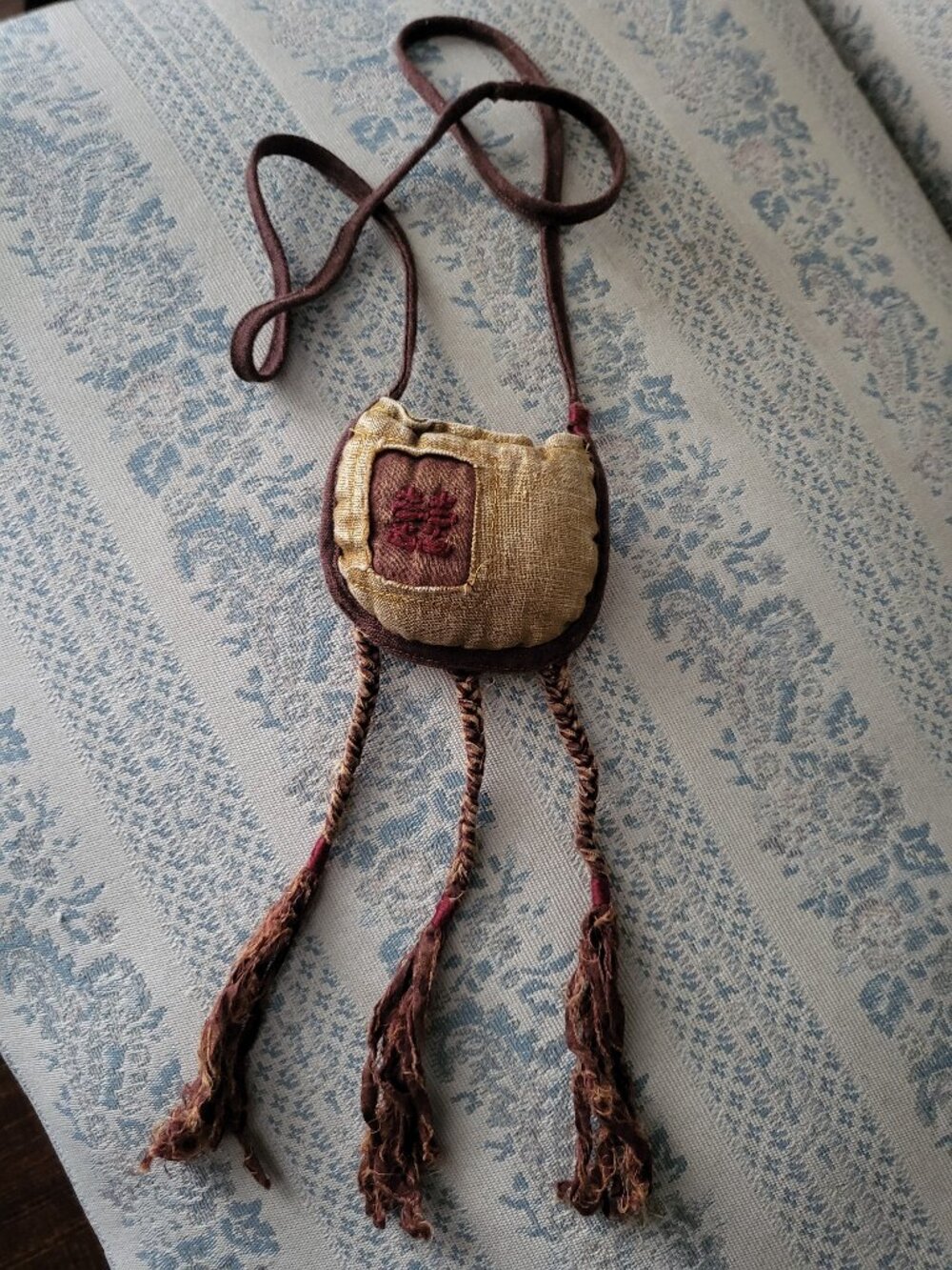 Asian Double Happiness Embroidered Amulet Necklace OS Brown Yellow